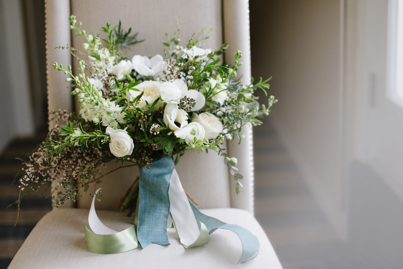 Romantic White Blue and Green Wedding Bouquet in Annapolis Maryland by Natalie Franke Photography.