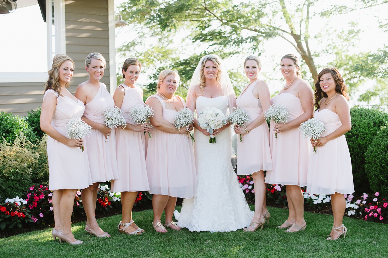 Baby's Breath Bouquets and Blush Pink Chiffon Bridesmaids Dresses | Natalie Franke Photography