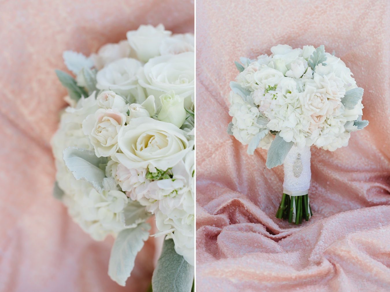 Pink Sequin Linen and White Bridal Bouquet with grey accents! | Natalie Franke Photography