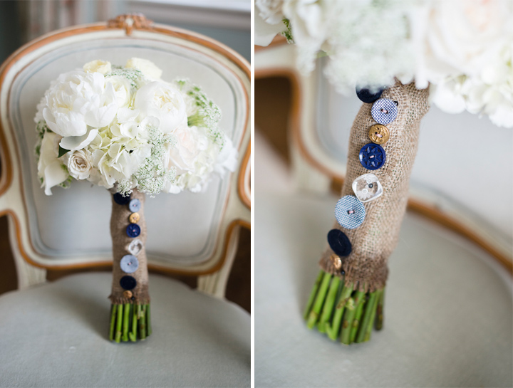 Burlap and Buttons on a White Wedding Bouquet