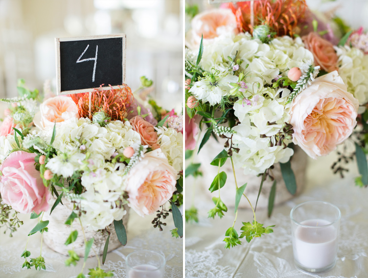 Chalkboard Table Numbers with Soft Pink and Coral Flowers by Intrigue Design and Decor