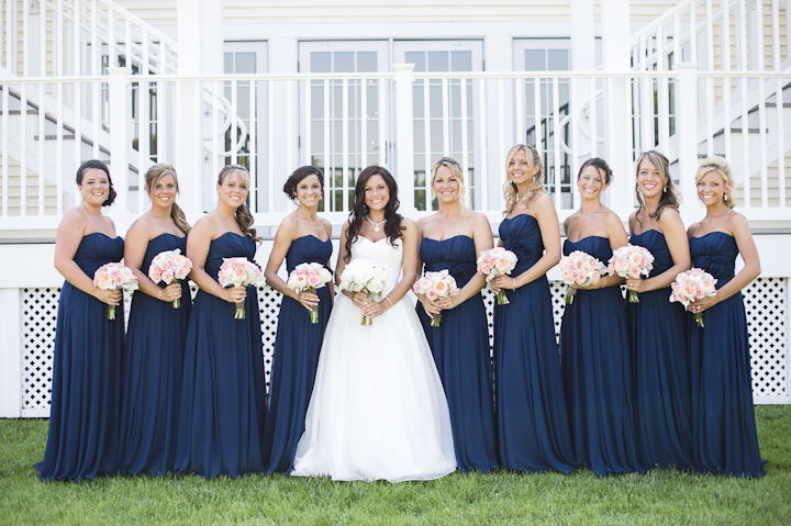 Long Navy Bridesmaids Dresses with Pink Bouquets