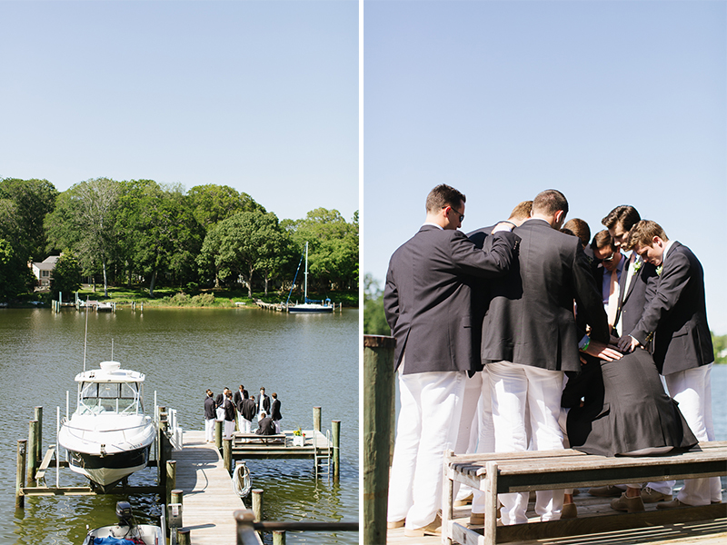 Groomsmen Praying Around the Groom on the Dock | Young Life Wedding