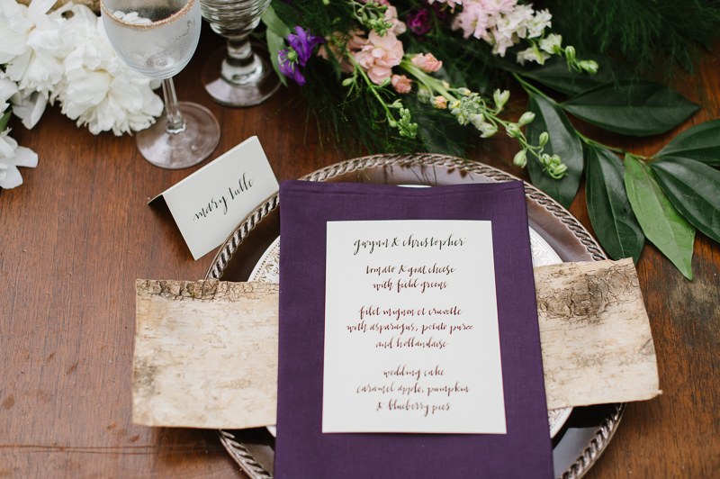 Whimsical Woodland Inspiration - Purple Bridesmaids Dresses, Calligraphy, & Floral Crowns by Natalie Franke Photography