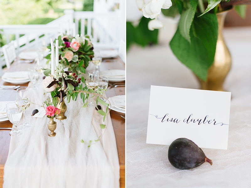 Maroon and Peach Wedding Inspiration: Fig Escort Cards, Lace Runner, Farm Table & Lush Details | Natalie Franke Photography