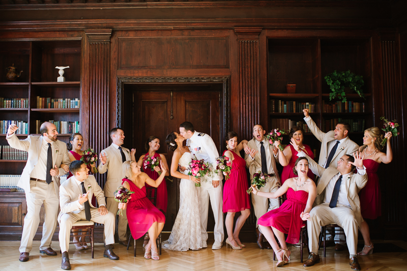 Fun Bridal Party Portraits - Magenta Chiffon Bridesmaids Dresses and Tan Groomsmen Suits | Natalie Franke Photography