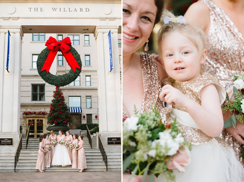 Gold Sequin Bridesmaids Dresses for Glam Winter Wedding at The Willard Hotel | Ashlee Virginia Events by Natalie Franke Photography