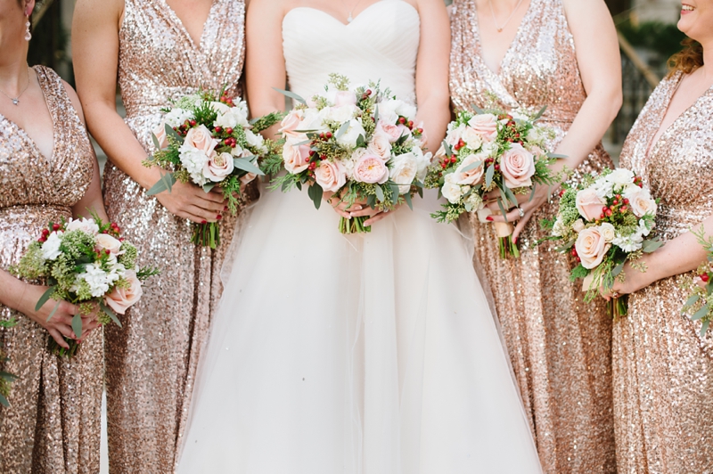 Gold Sequin Bridesmaids Dresses from Rent the Runway with flowers by Holly Chapple | Ashlee Virginia Events by Natalie Franke Photography