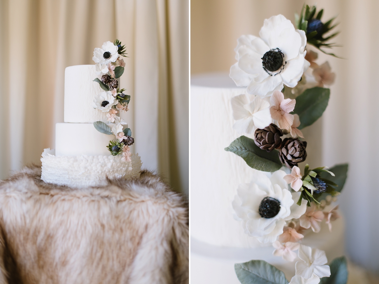White Wedding Cake with a Ruffle Texture & Painted Sugar Flowers of Anemones, Gardenia, and Pinecones. | Natalie Franke Photography