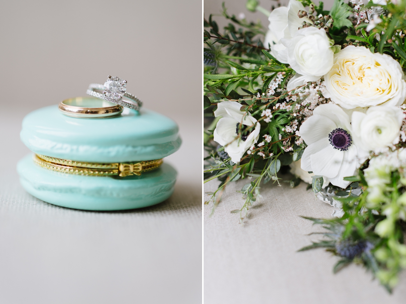 Macaron Jewelry Holder with Romantic Wedding Bouquet in Annapolis by Natalie Franke Photography.