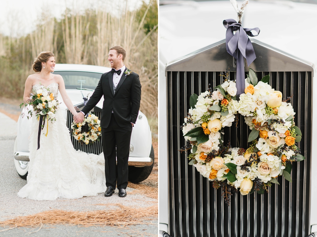 Chesapeake Bay Beach Club Wedding by Natalie Franke | Vintage Wedding Car, Ruffled Gown, and Flowing Bouquet with Orange, Yellow, and Navy Blue Tones.