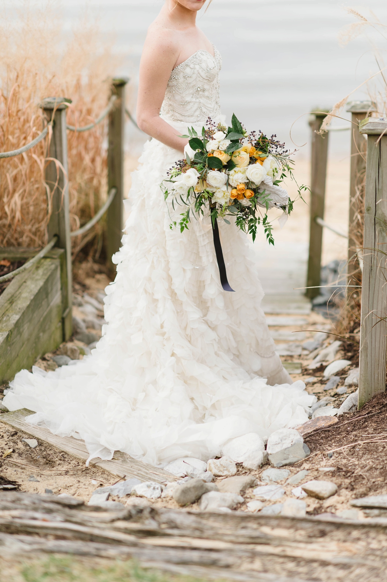 Coastal Bridal Bouquet with Cabbage Roses and Berries at the Chesapeake Bay Beach Club | Natalie Franke Photography