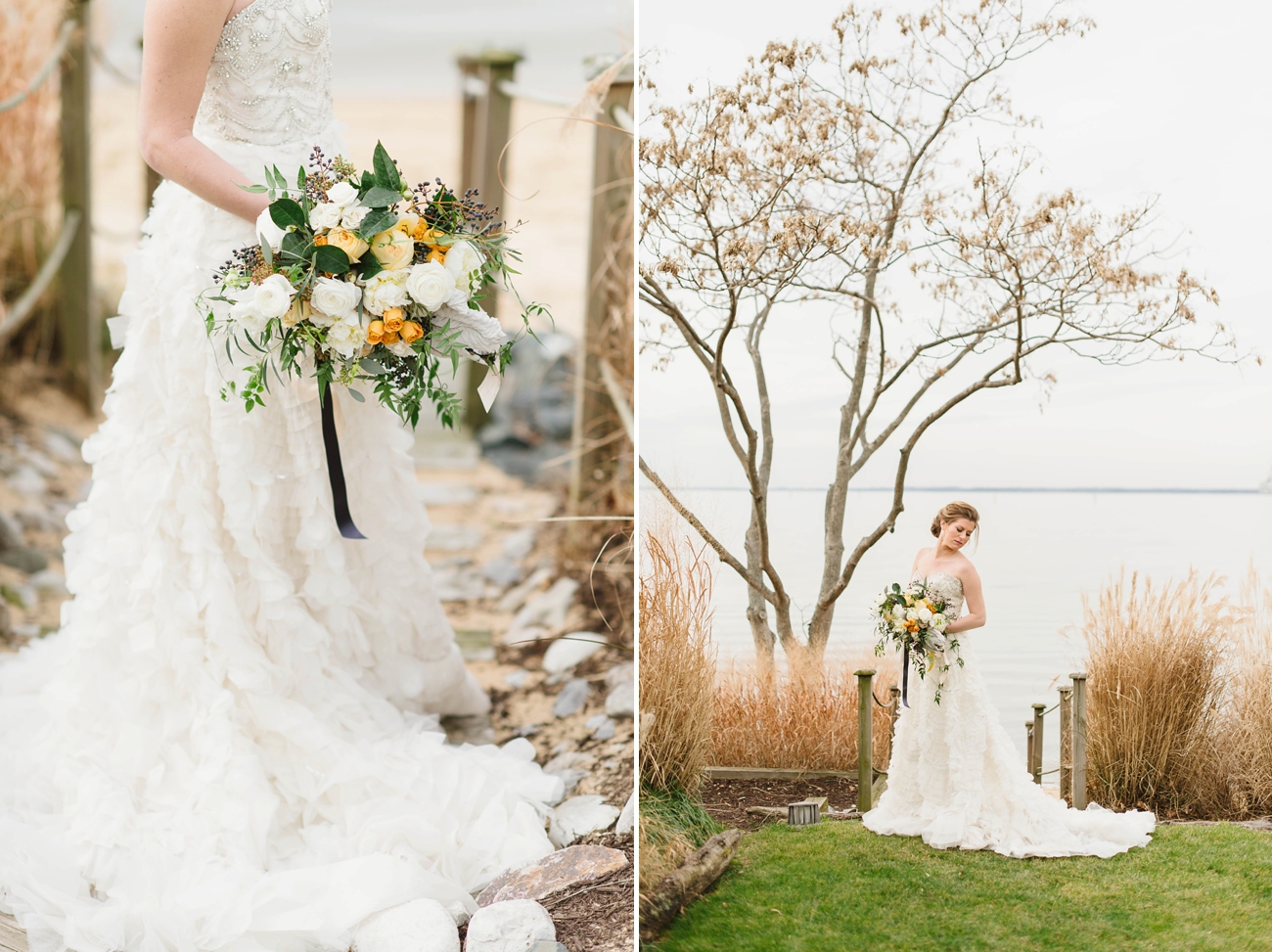 Romantic Coastal Beach Wedding Inspiration | Ruffled Gown, Cascading Bouquet, and the Chesapeake Bay Beach Club!