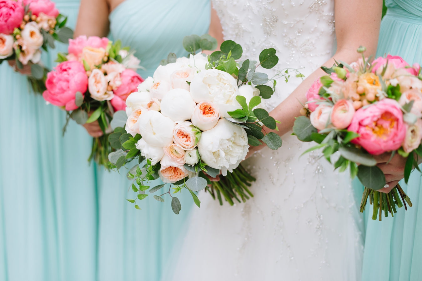 Teal J.Crew Bridesmaids Dresses and Romantic Peony Bouquets  | Natalie Franke Photography