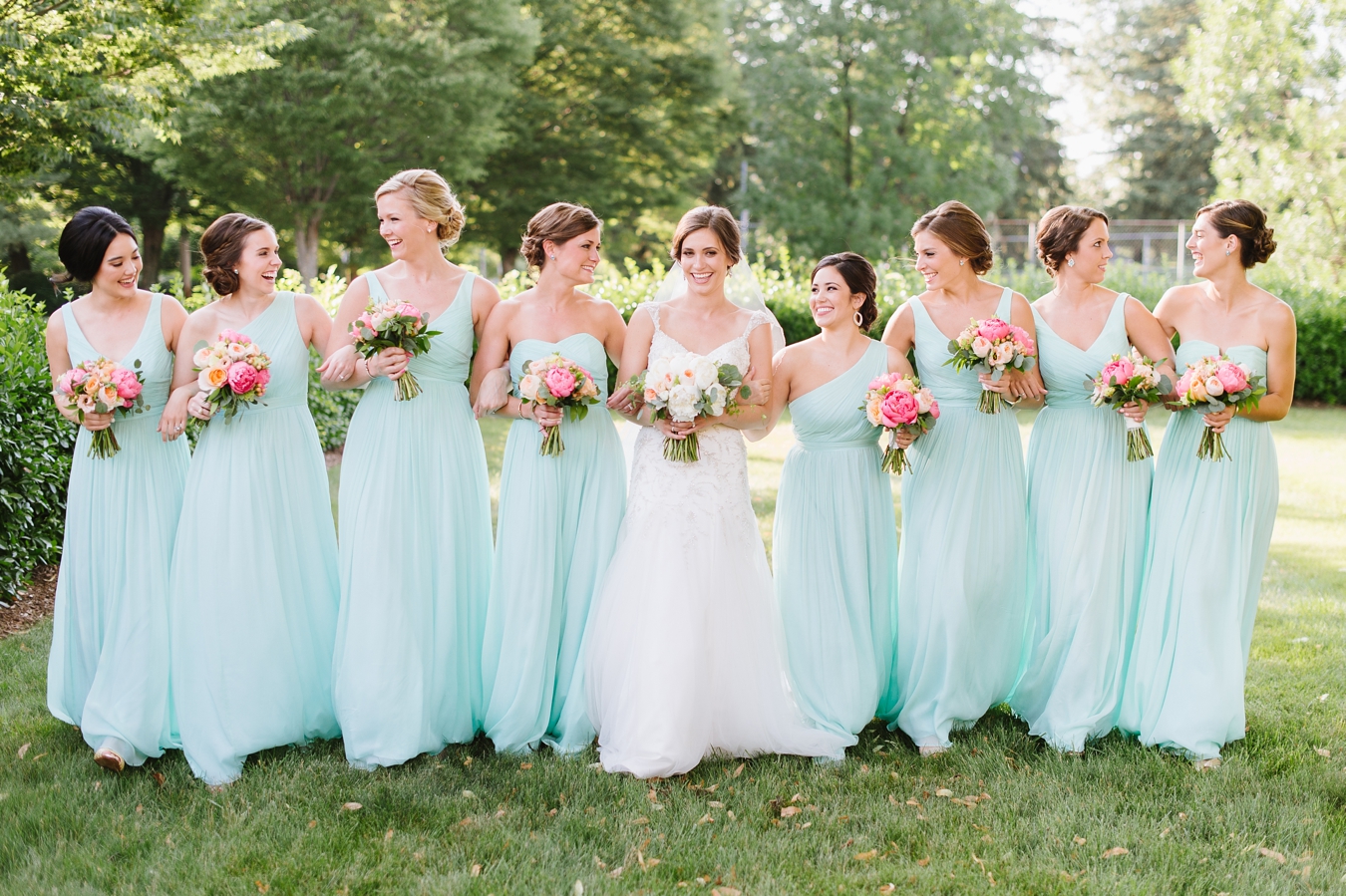 Teal J.Crew Bridesmaids Dresses and Romantic Peony Bouquets  | Natalie Franke Photography