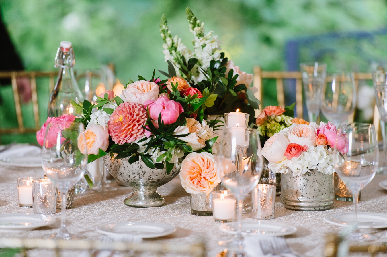 Romantic Garden Reception with Mercury Glass, Peonies and Garland by Ashlee Virginia Events | Natalie Franke Photography