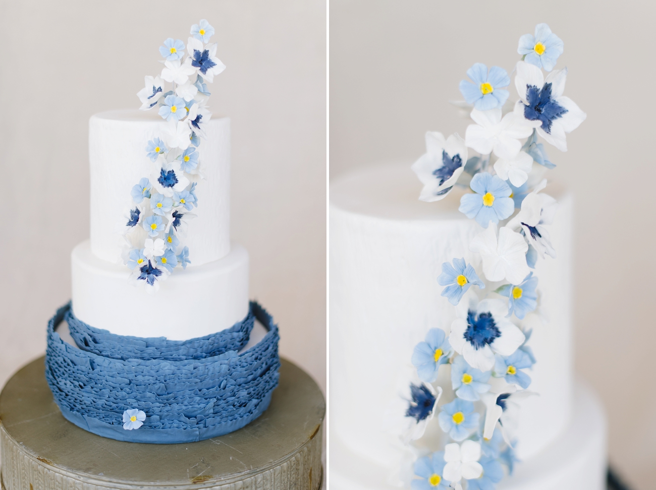 Blue Ruffle Cake with Painted Flowers | Natalie Franke Photography as seen on Grey Likes Weddings 