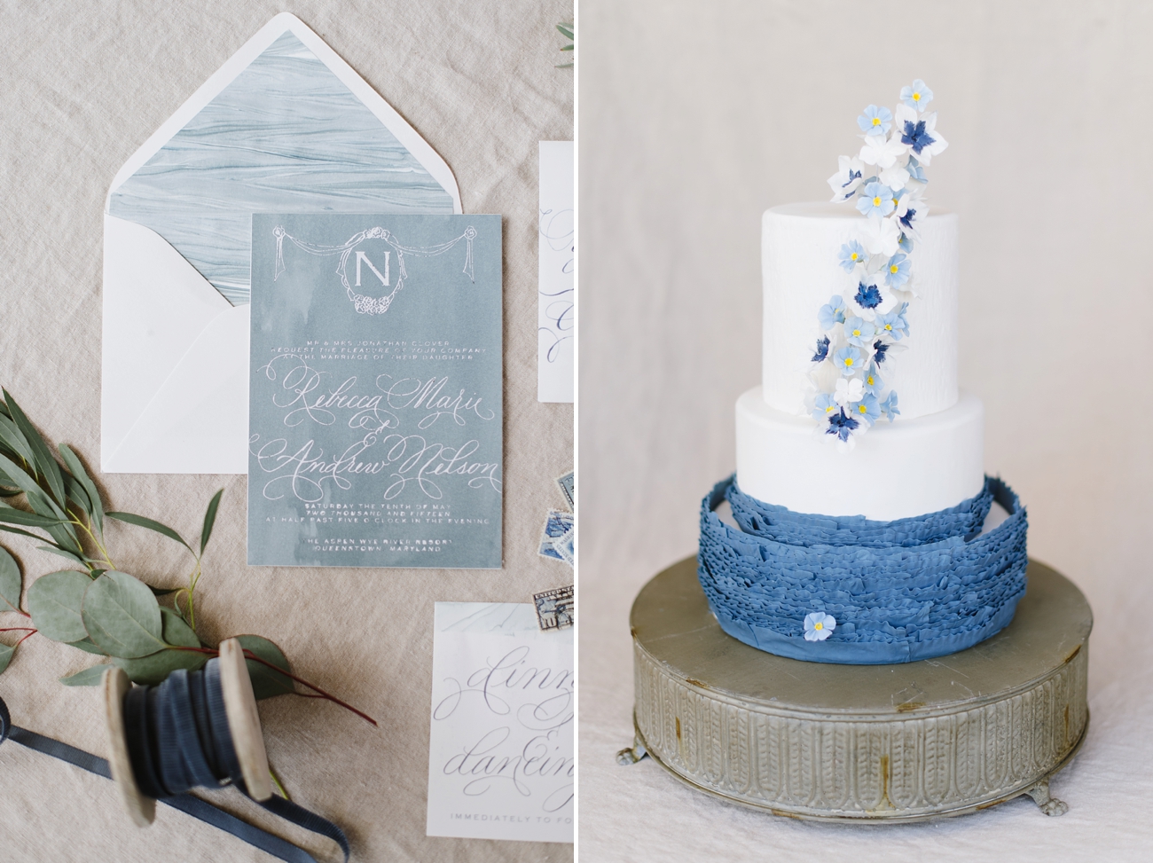 Blue Ruffle Cake with Painted Flowers | Natalie Franke Photography as seen on Grey Likes Weddings 