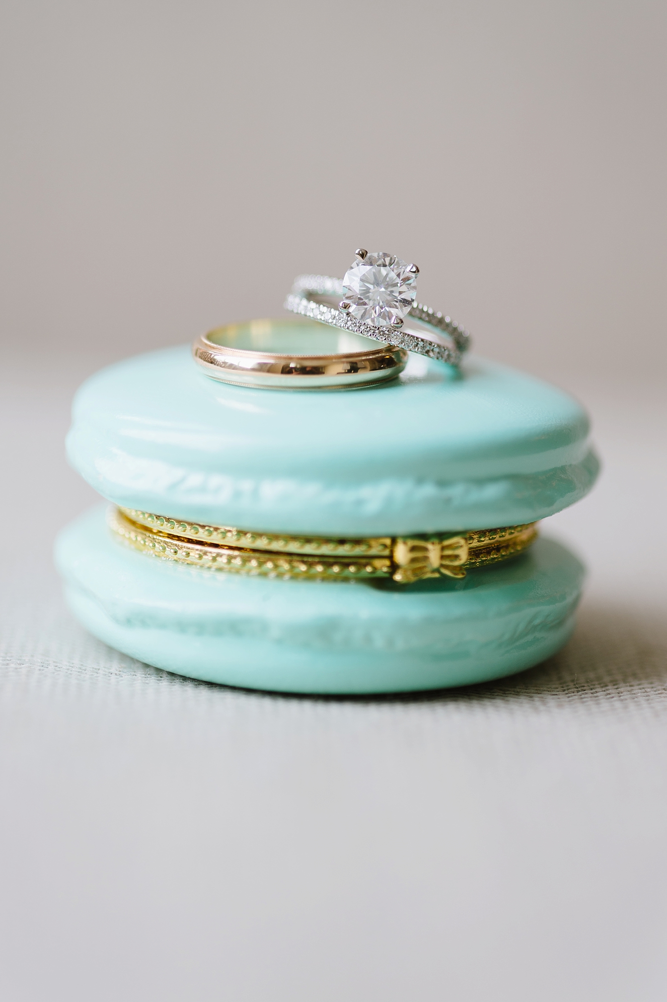 Teal Macaron Engagement Ring Case | Solitaire Engagement Ring with Eternity Wedding Band